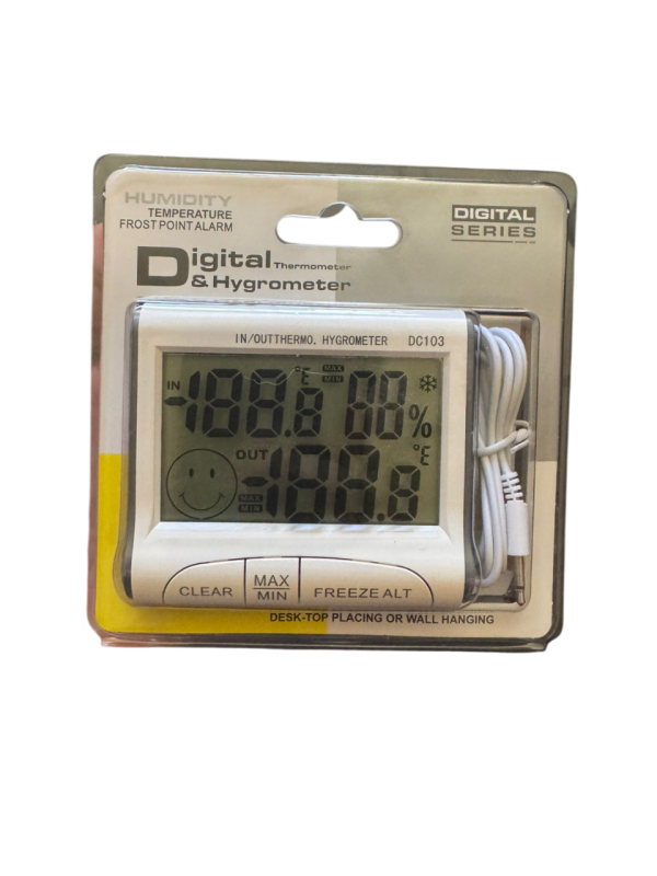 TERMOHIGROMETRO DIGITAL C/SONDA -10A50°C INT / -50A70°C EXT, MAX/MIN, ALARMA BAJA TEMP VMTEMP DC103