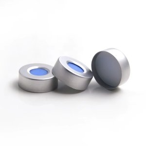 TAPA SELLO CRIMP ALUMINIO 20MM ORIFICIO CENTRAL COLOR PLATA CON SEPTA PTFE AZUL 100UN